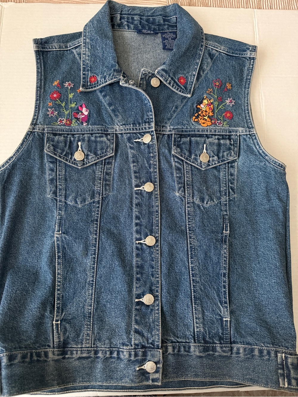 Vtg Disney Winnie The Pooh Denim Vest Embroidered Tigger & Piglet Women's Sz XL
